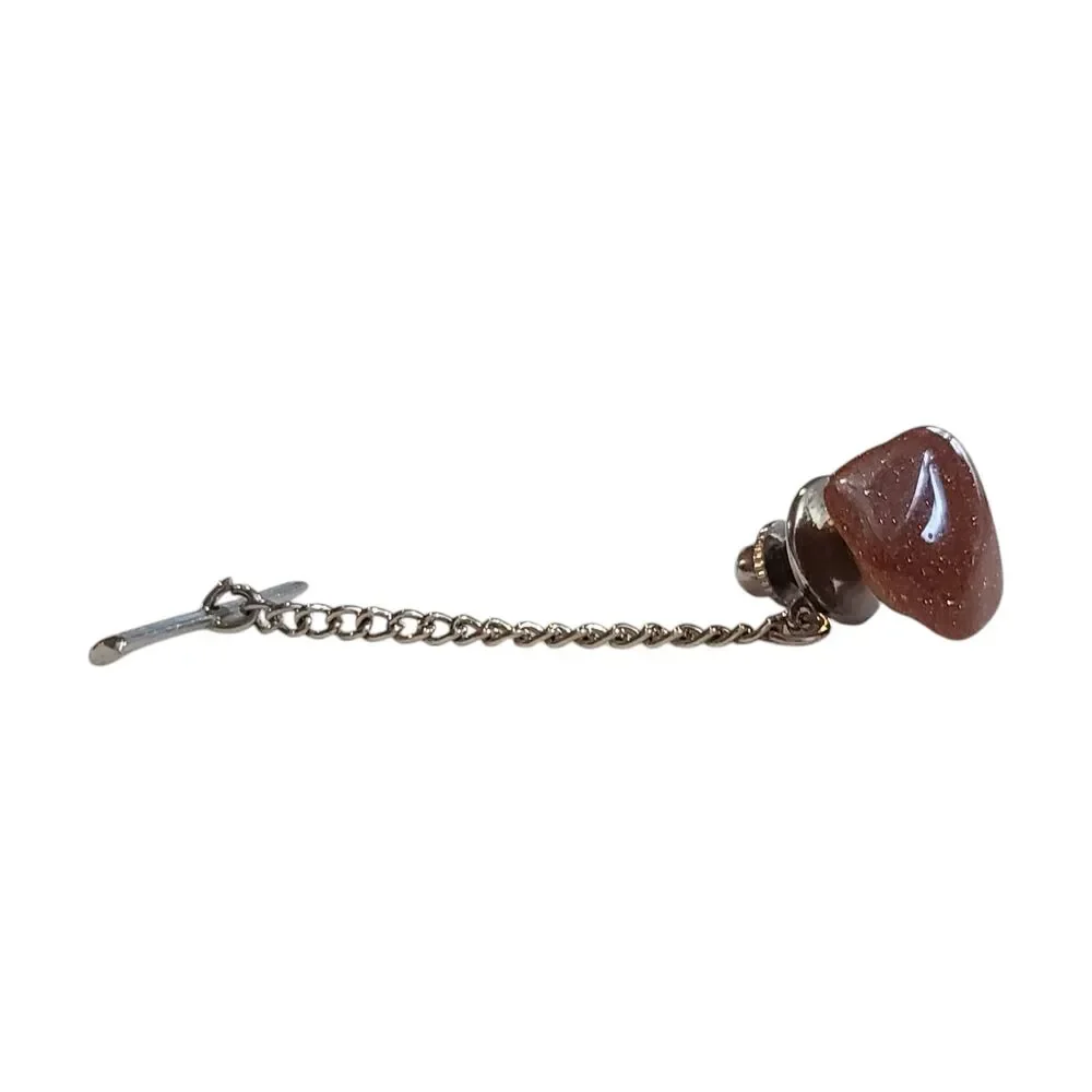 Vintage Goldstone Gemstone Tie Pin Tack Silver Tone